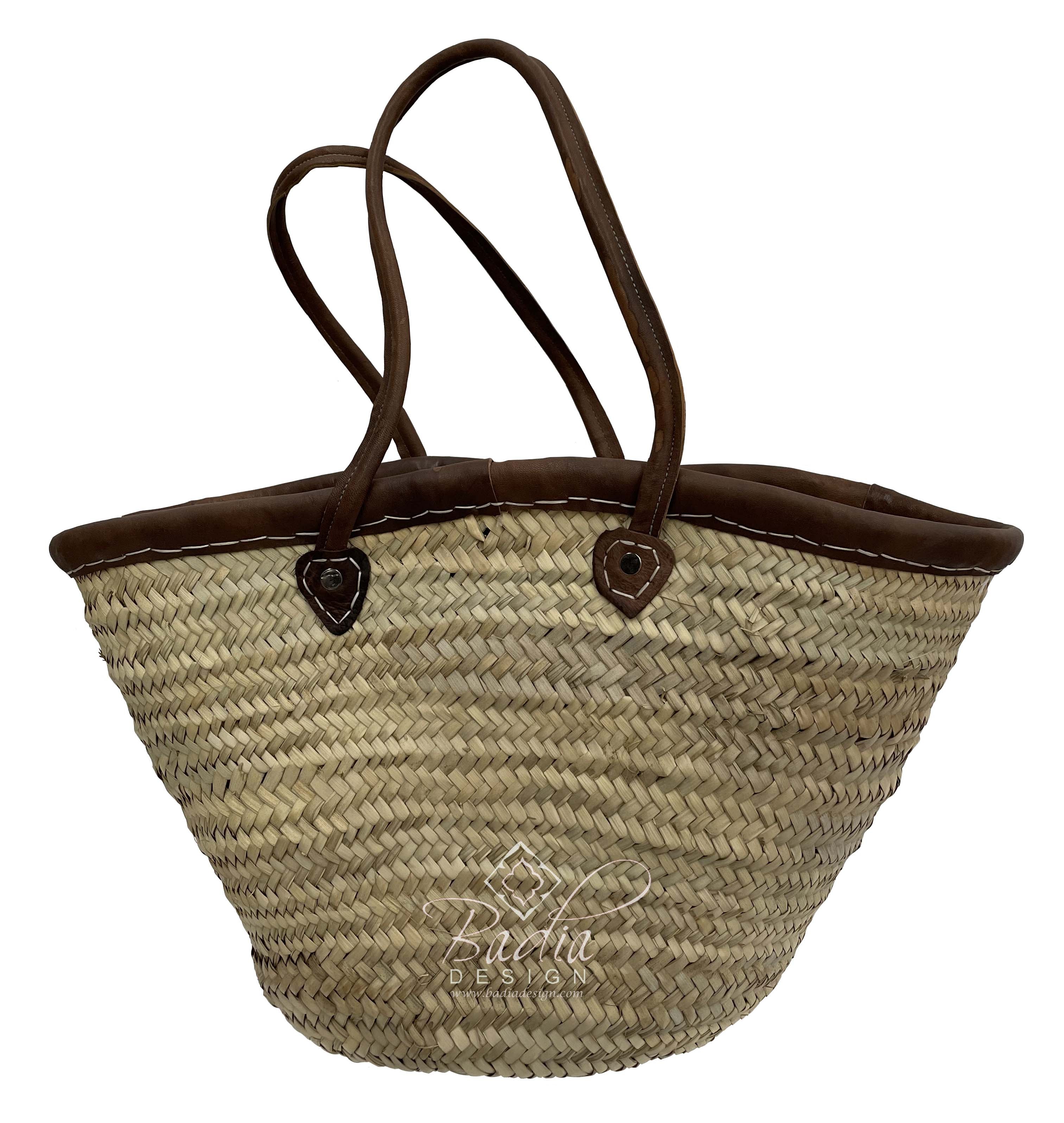 Natural Color Handwoven Straw Basket with Dark Leather Handle