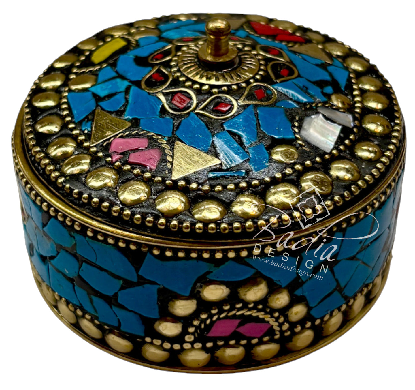 Round Moroccan Blue Resin Jewelry Box with Inlay Design