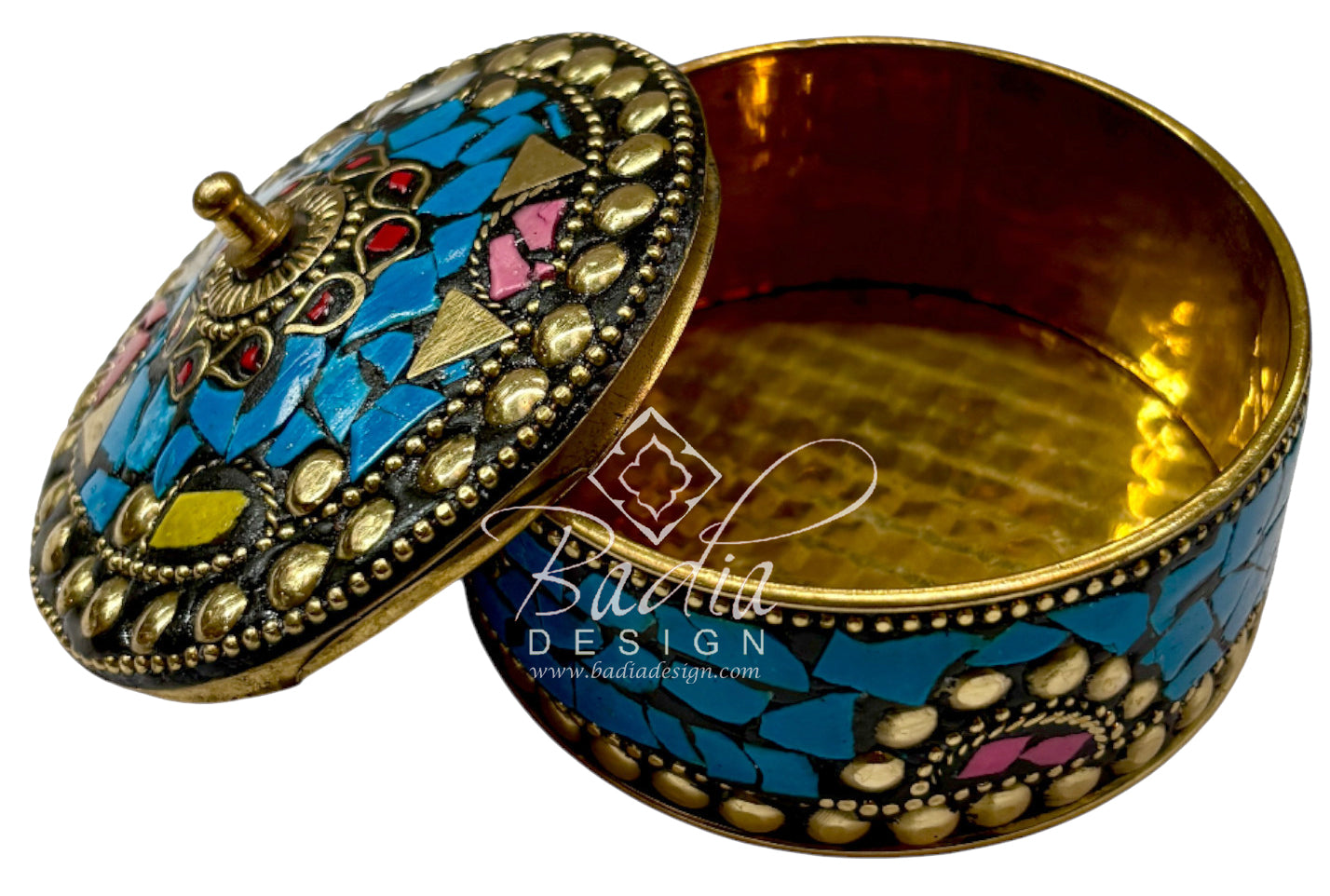Decorative brass box with colorful lid and gold metal interior