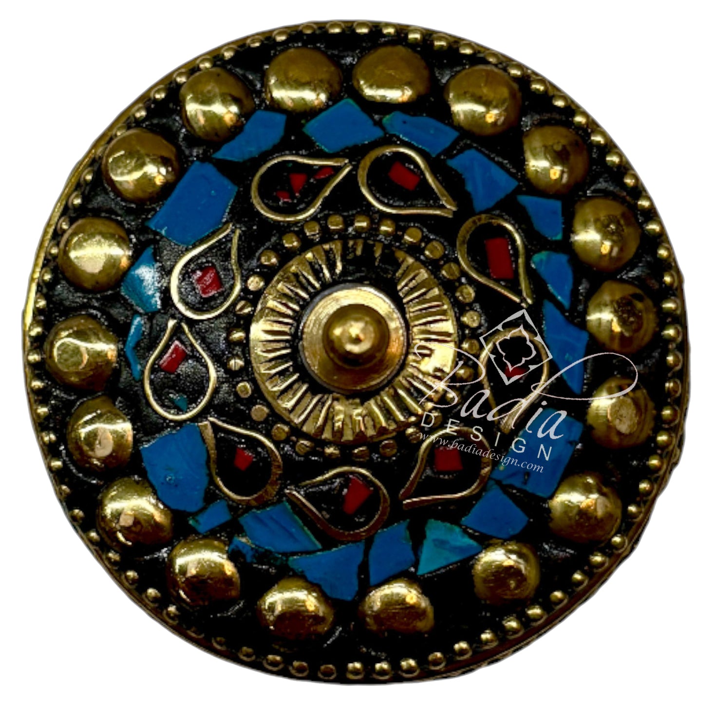 Decorative round object with gold and blue design with areal top view on a white background