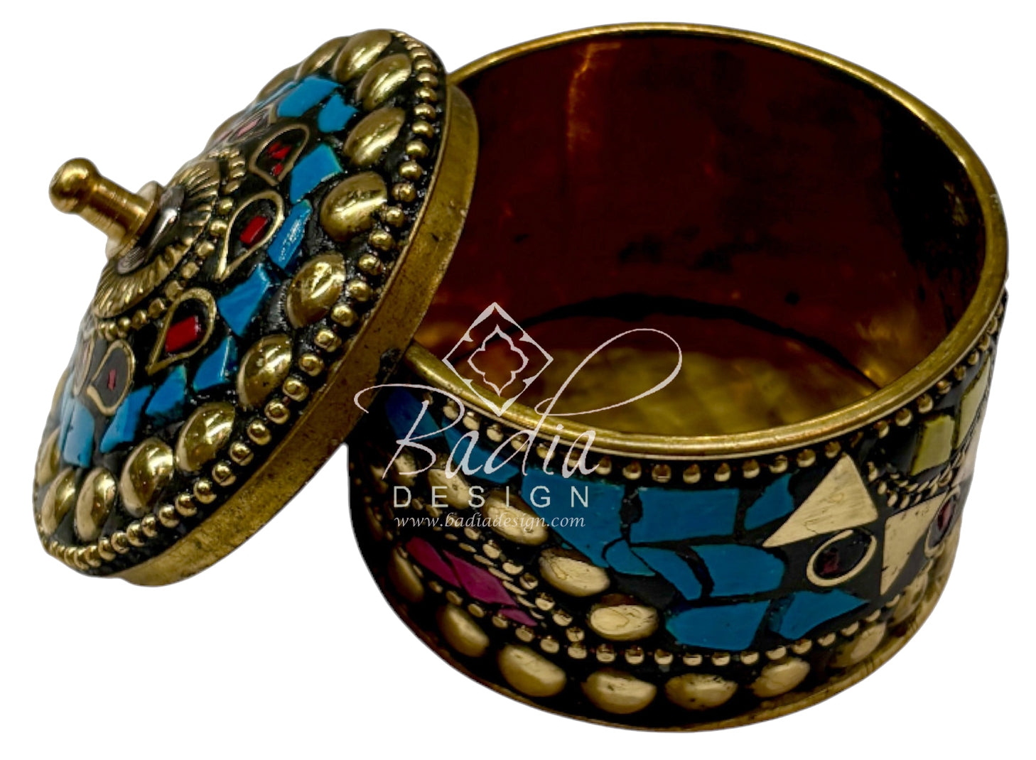 Decorative brass container with colorful inlay design and gold metal interior on a white background