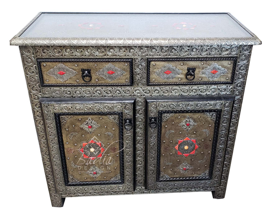 Intricate Embossed Metal and Bone Inlay Cabinet