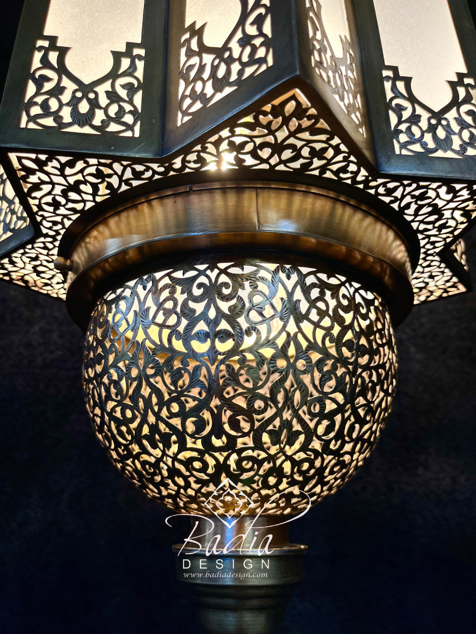 Intricately Designed Brass Chandelier with White Glass