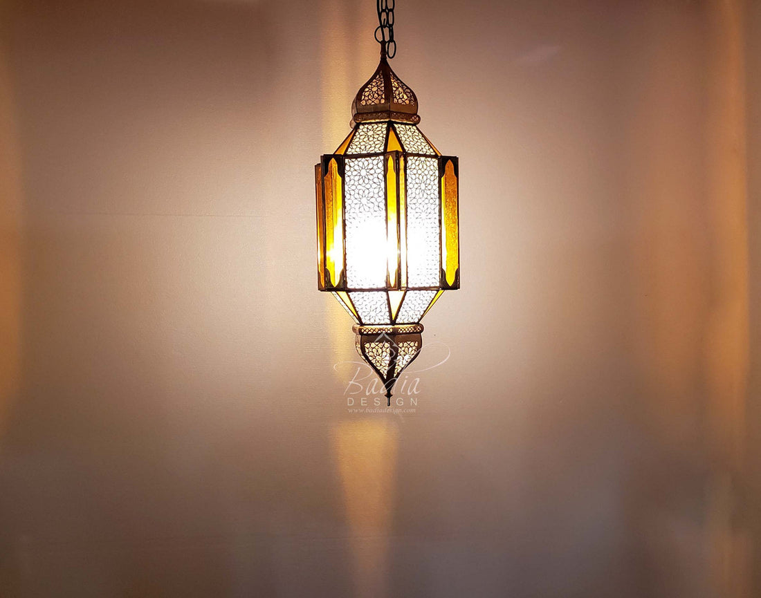 Intricately Designed Brass Chandelier with Amber Color Glass