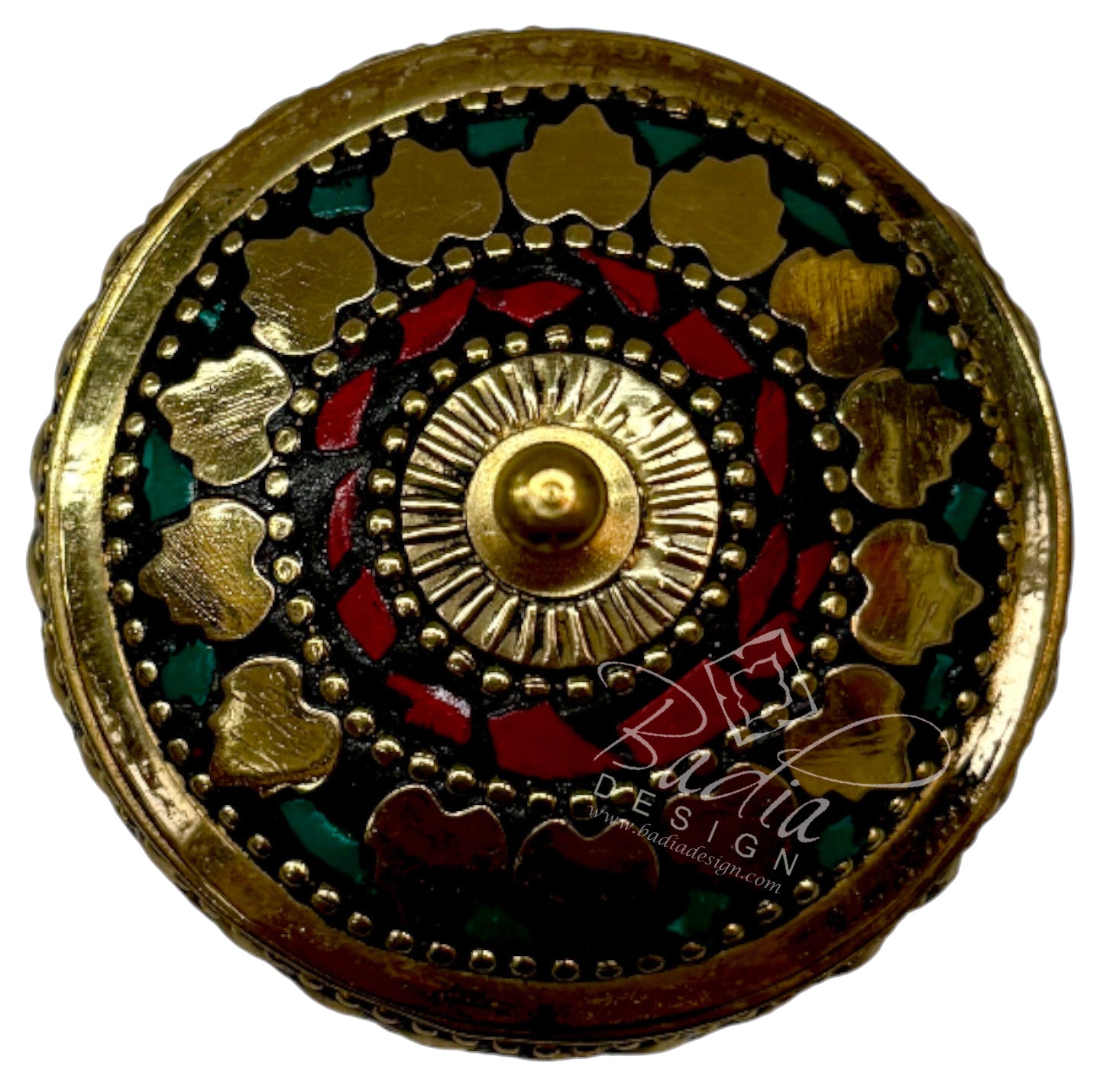 Top Areal View Decorative circular object with gold, red, and green colors