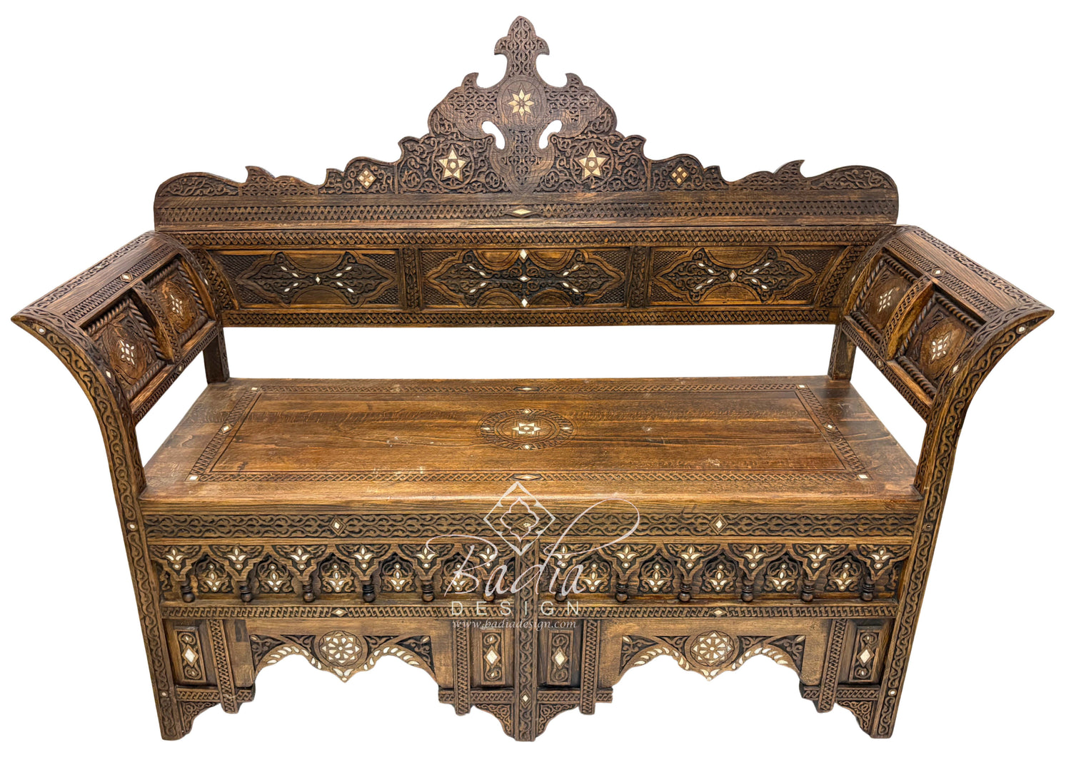Large Stained Wood Inlay Bench