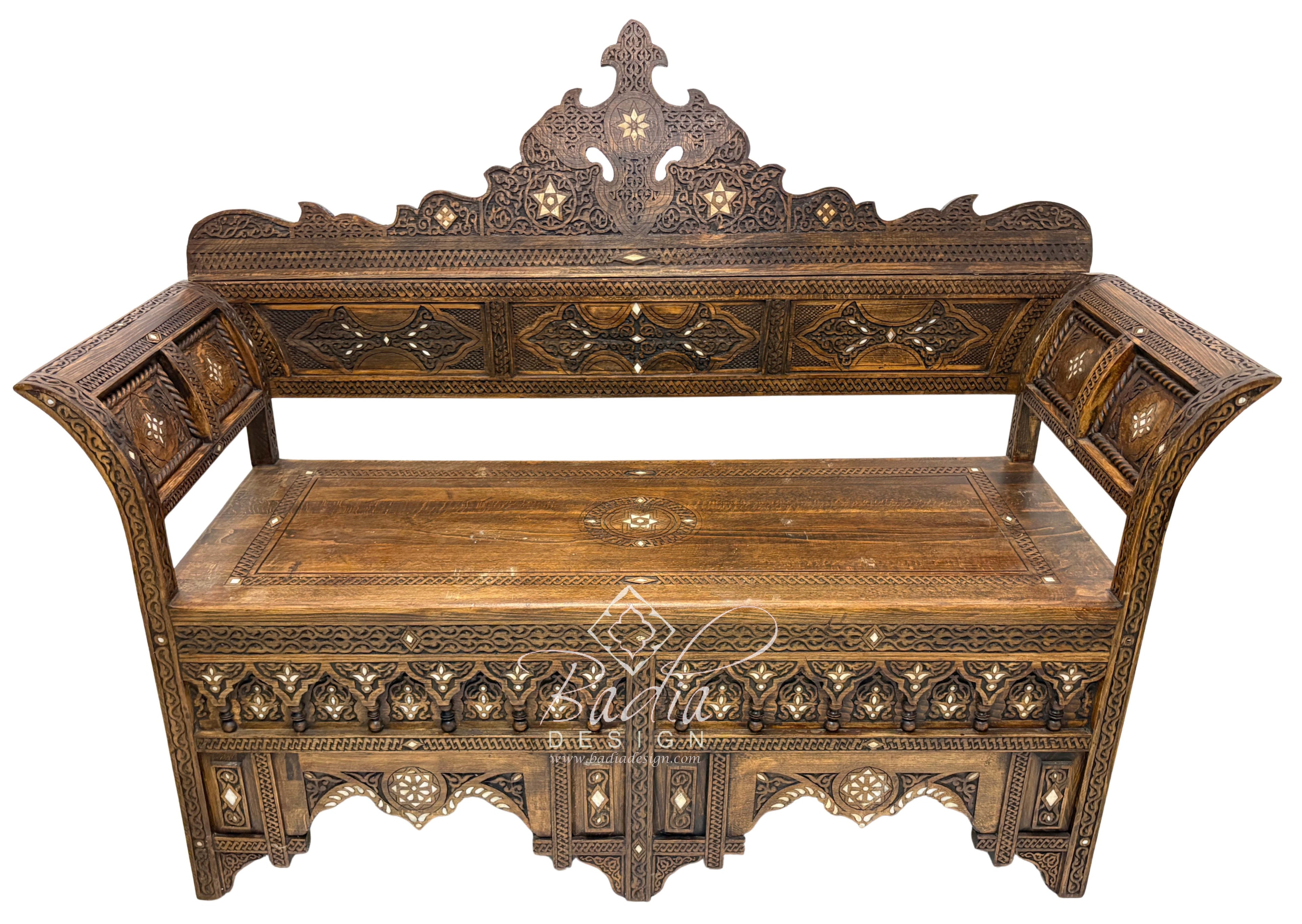 Large Stained Wood Inlay Bench