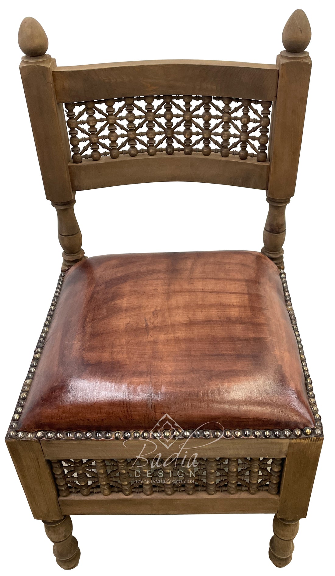 Hand Carved Moucharabieh Chair with Leather Seat