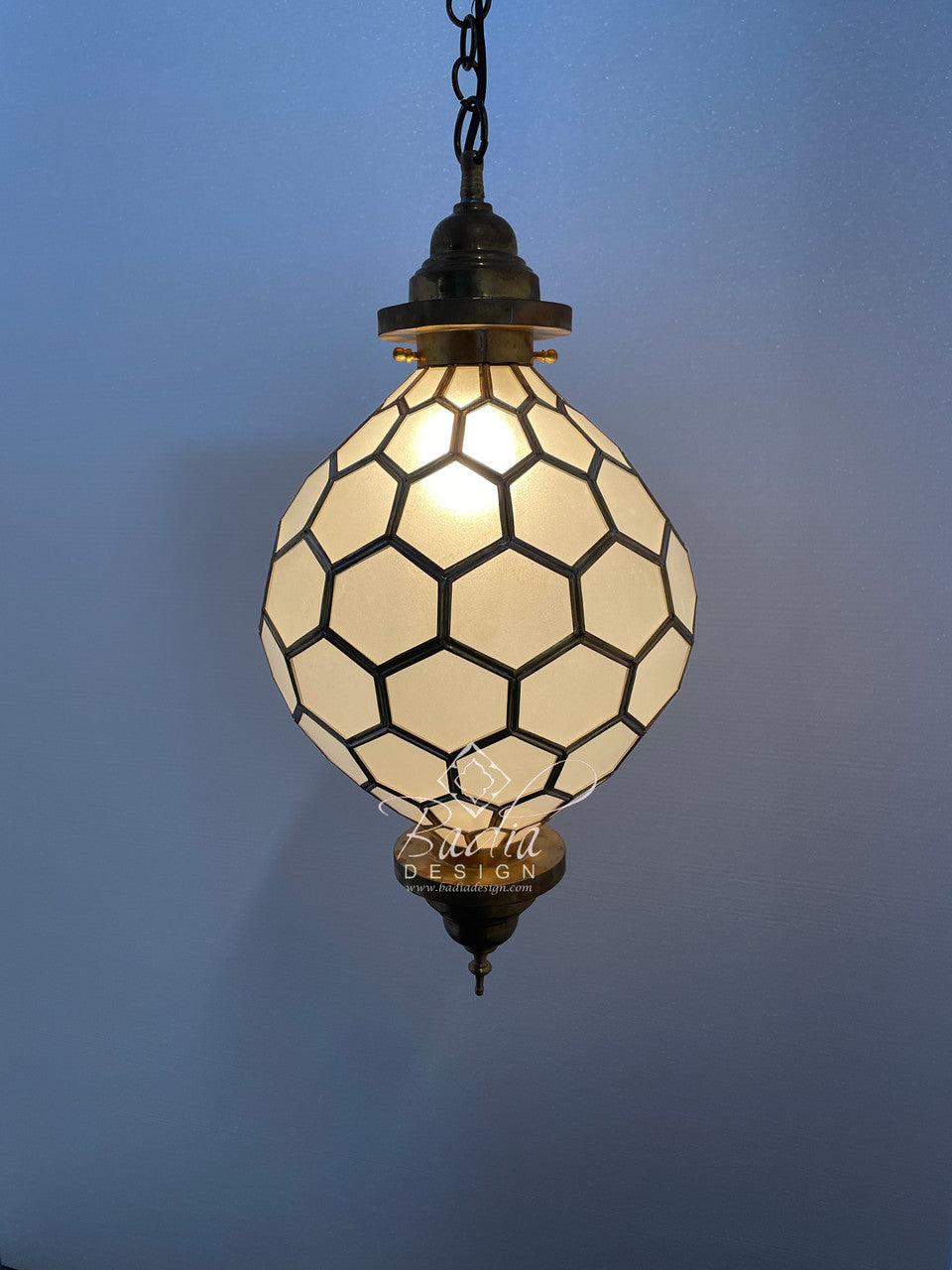 Round Hanging Brass Lantern with White Glass