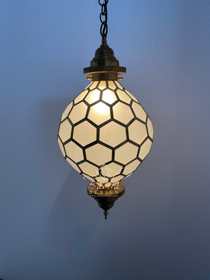 Round Hanging Brass Lantern with White Glass