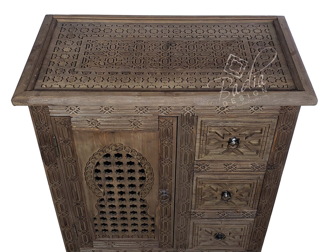Light Stained Hand Carved Wooden Cabinet