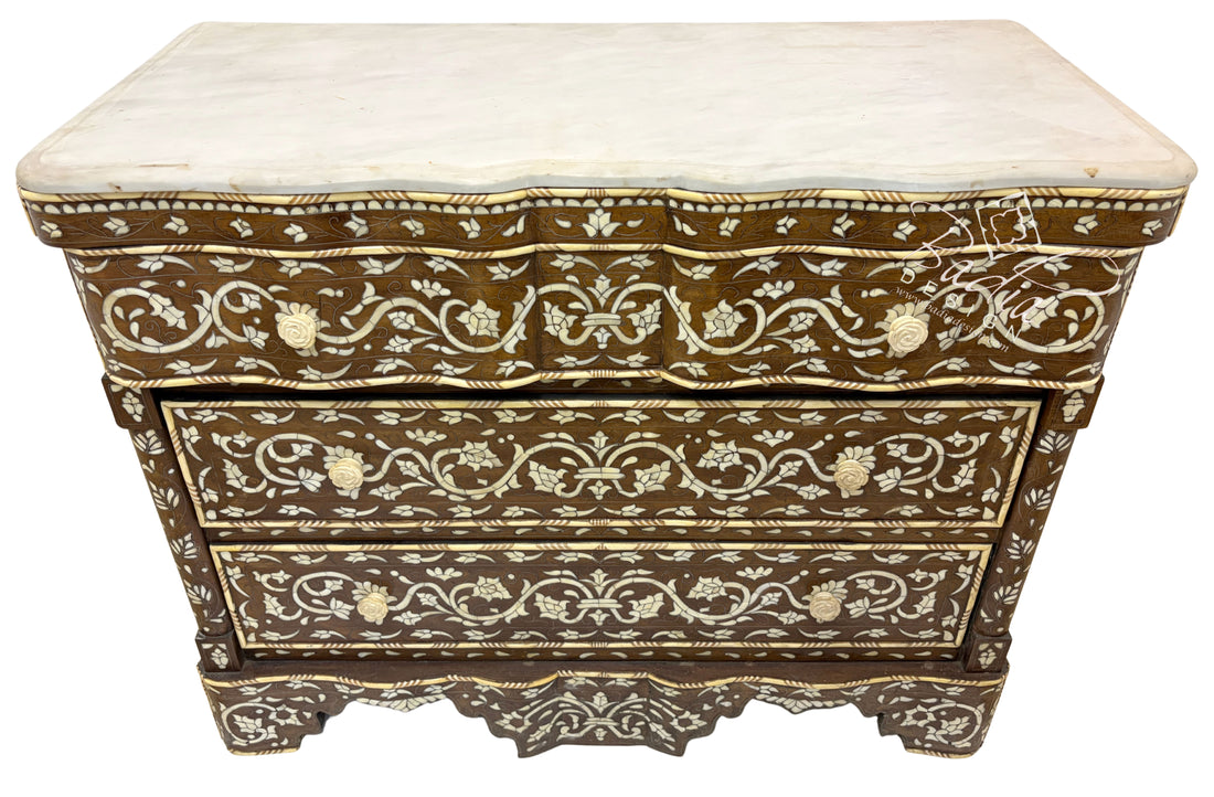 White Mother of Pearl Inlay Dresser with Three Drawers and Light Stained