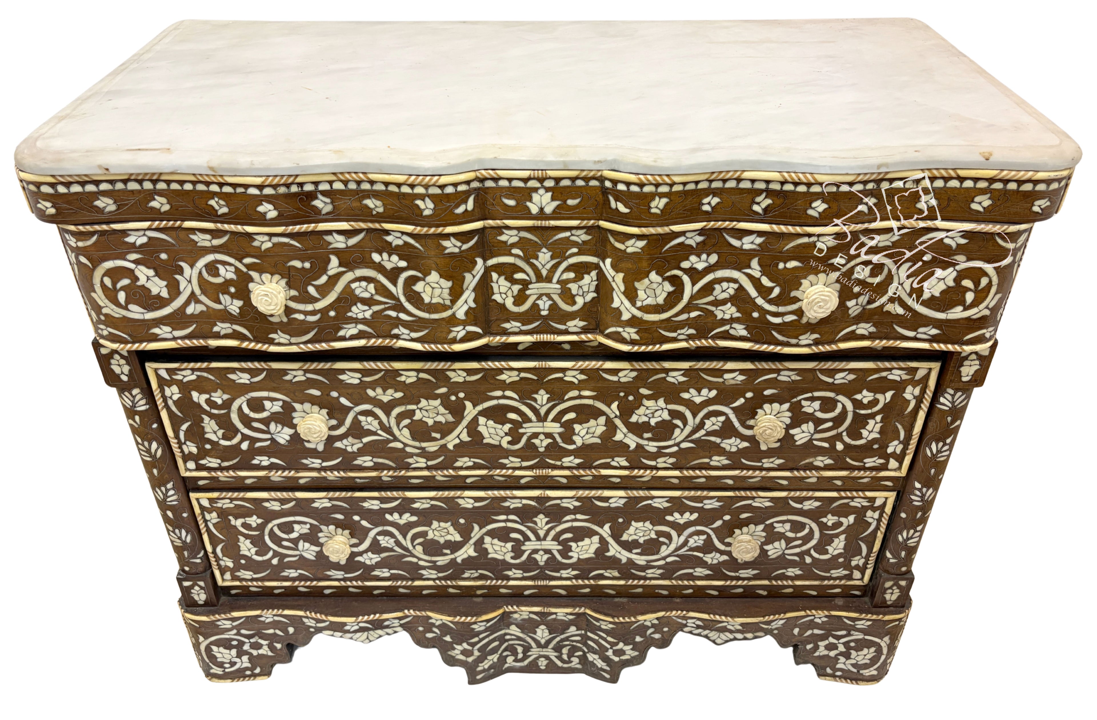 White Mother of Pearl Inlay Dresser with Three Drawers and Light Stained