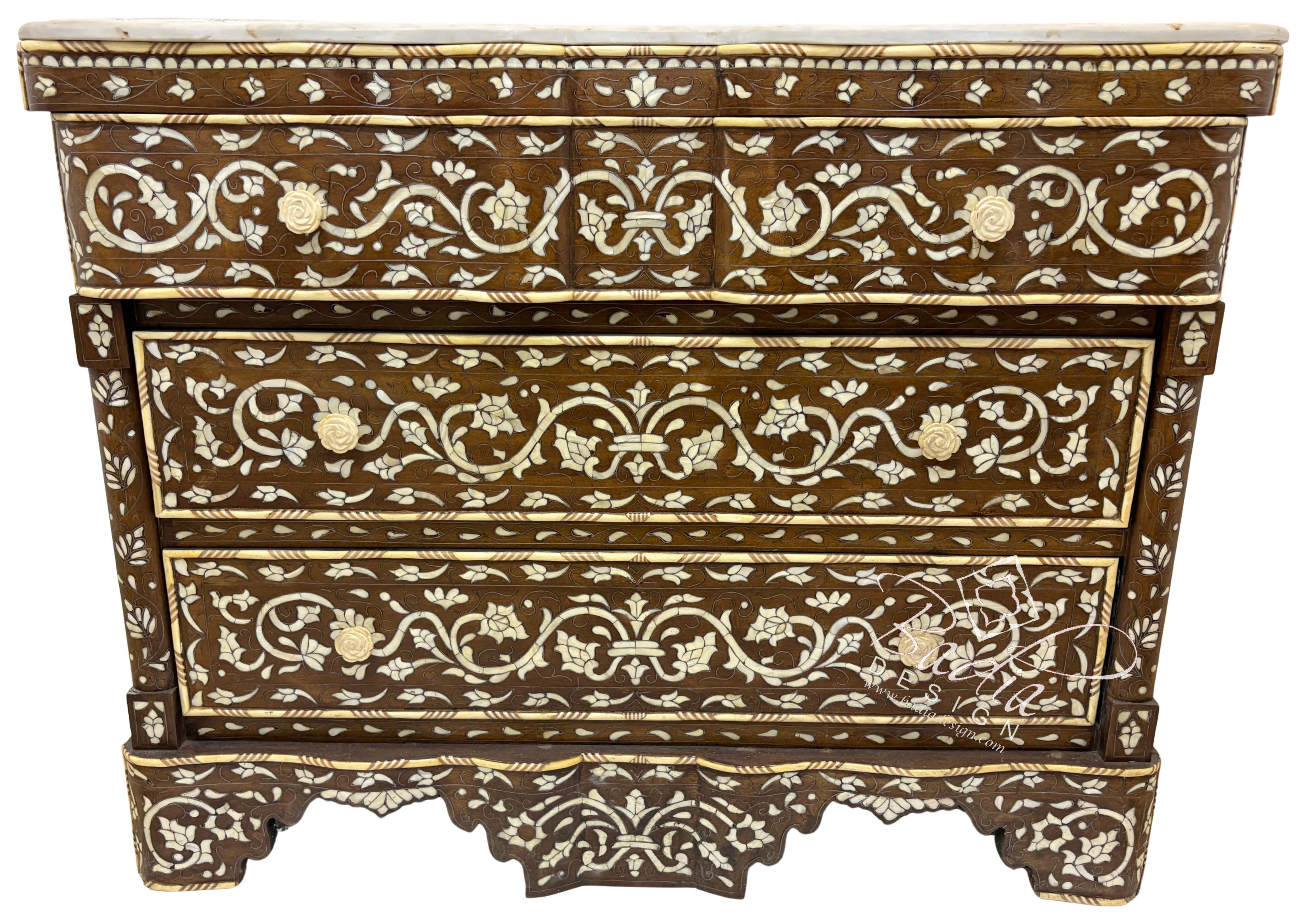 White Mother of Pearl Inlay Dresser with Three Drawers and Light Stained