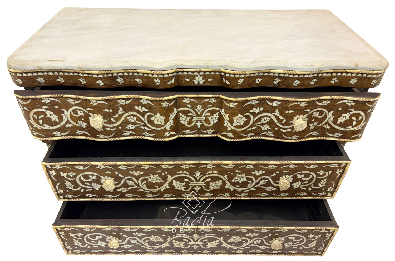 White Mother of Pearl Inlay Dresser with Three Drawers and Light Stained