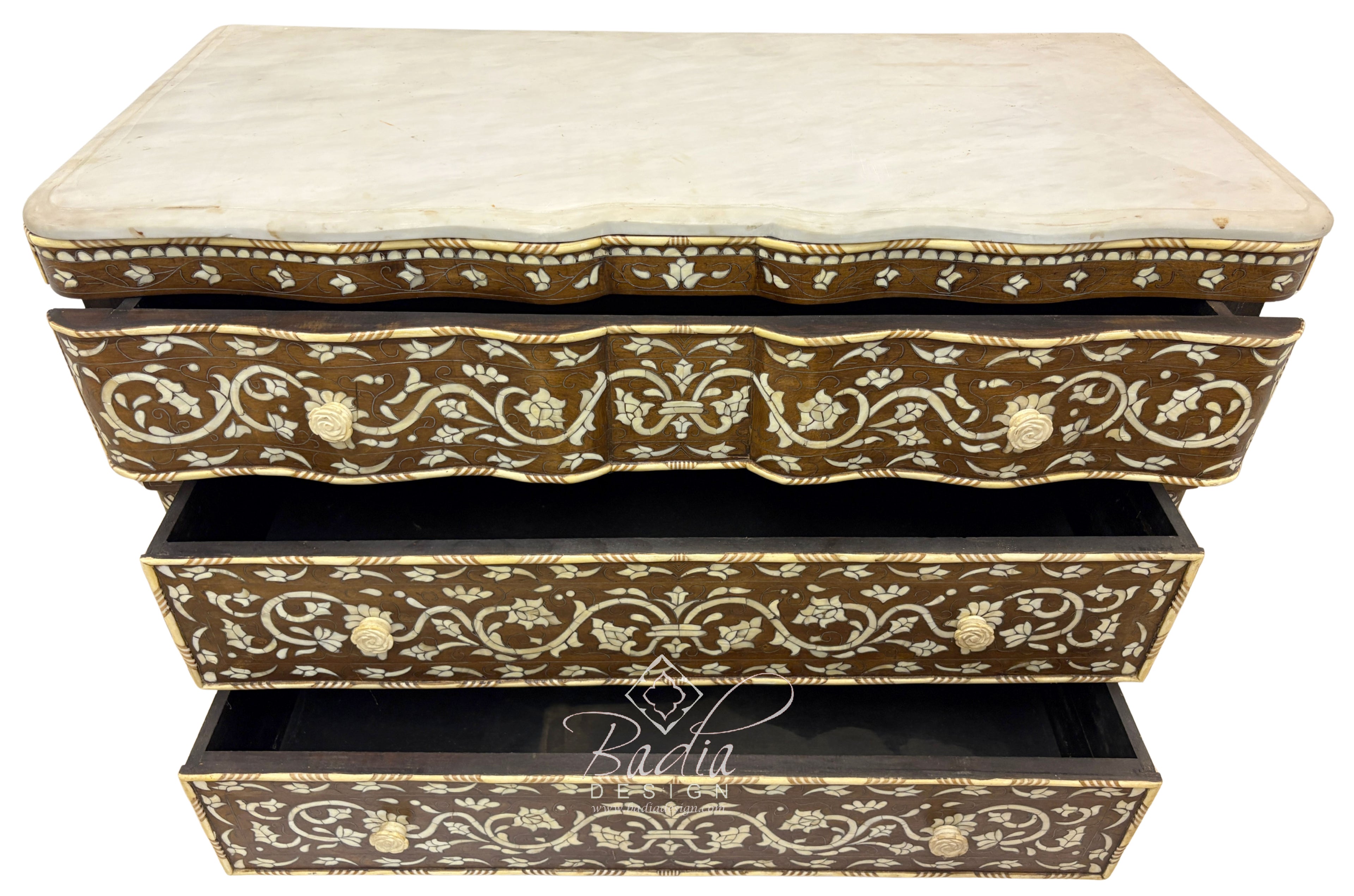 White Mother of Pearl Inlay Dresser with Three Drawers and Light Stained
