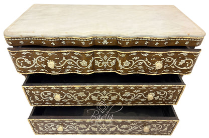 White Mother of Pearl Inlay Dresser with Three Drawers and Light Stained