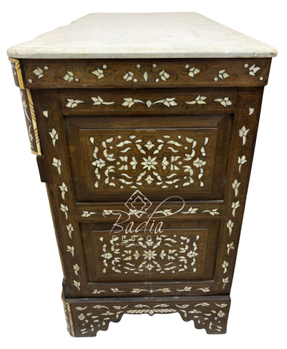 White Mother of Pearl Inlay Dresser with Three Drawers and Light Stained