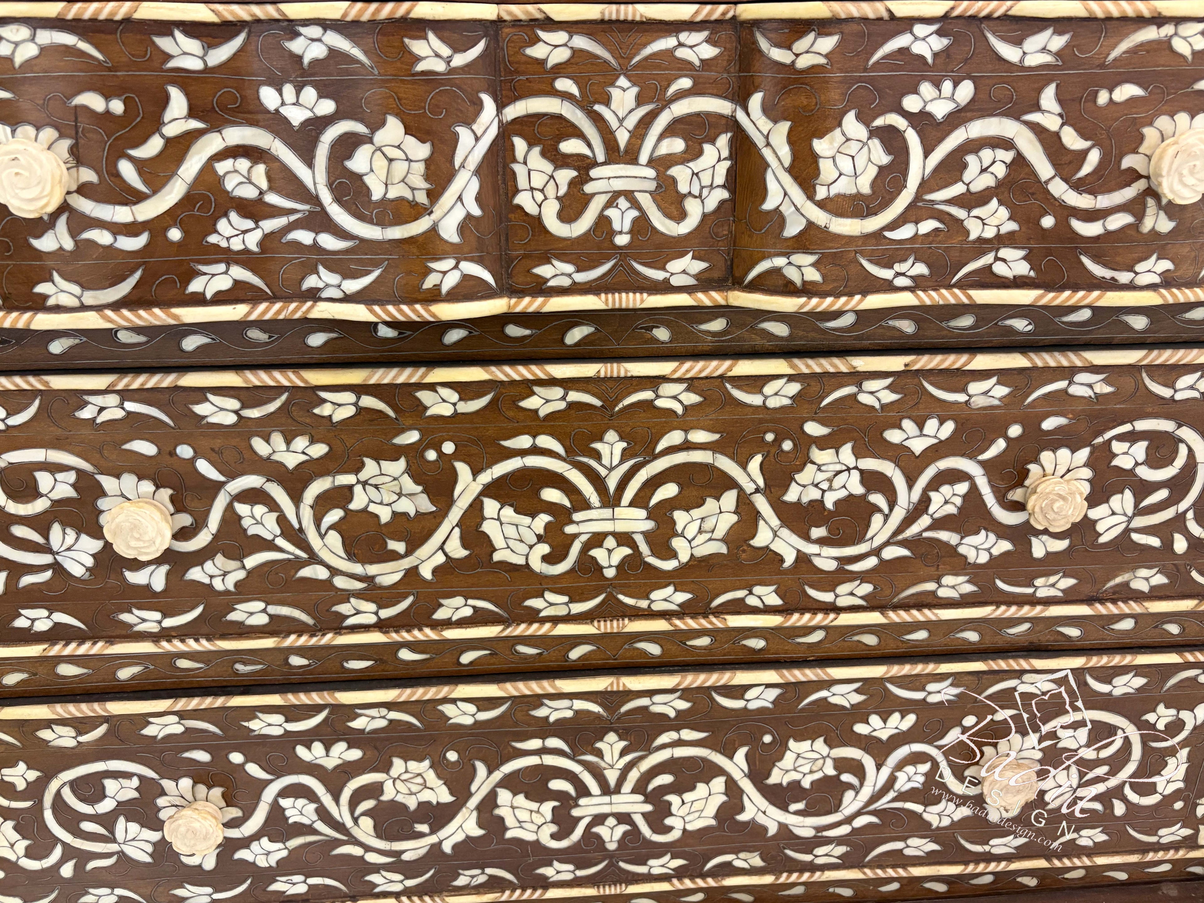 White Mother of Pearl Inlay Dresser with Three Drawers and Light Stained