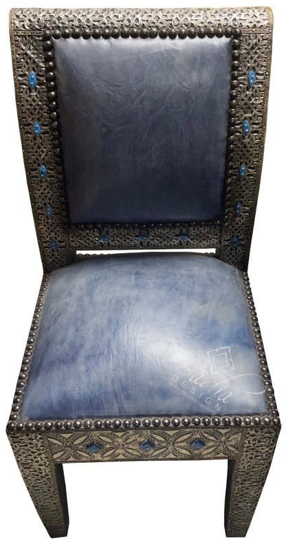 Embossed Metal and Bone Inlay Chair with Blue Leather Seat