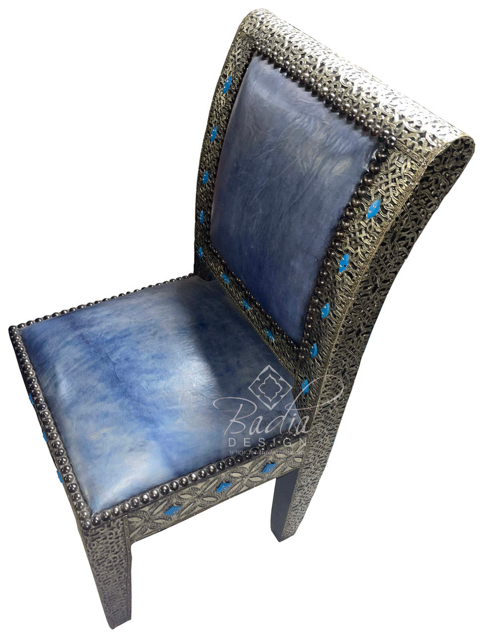 Embossed Metal and Bone Inlay Chair with Blue Leather Seat