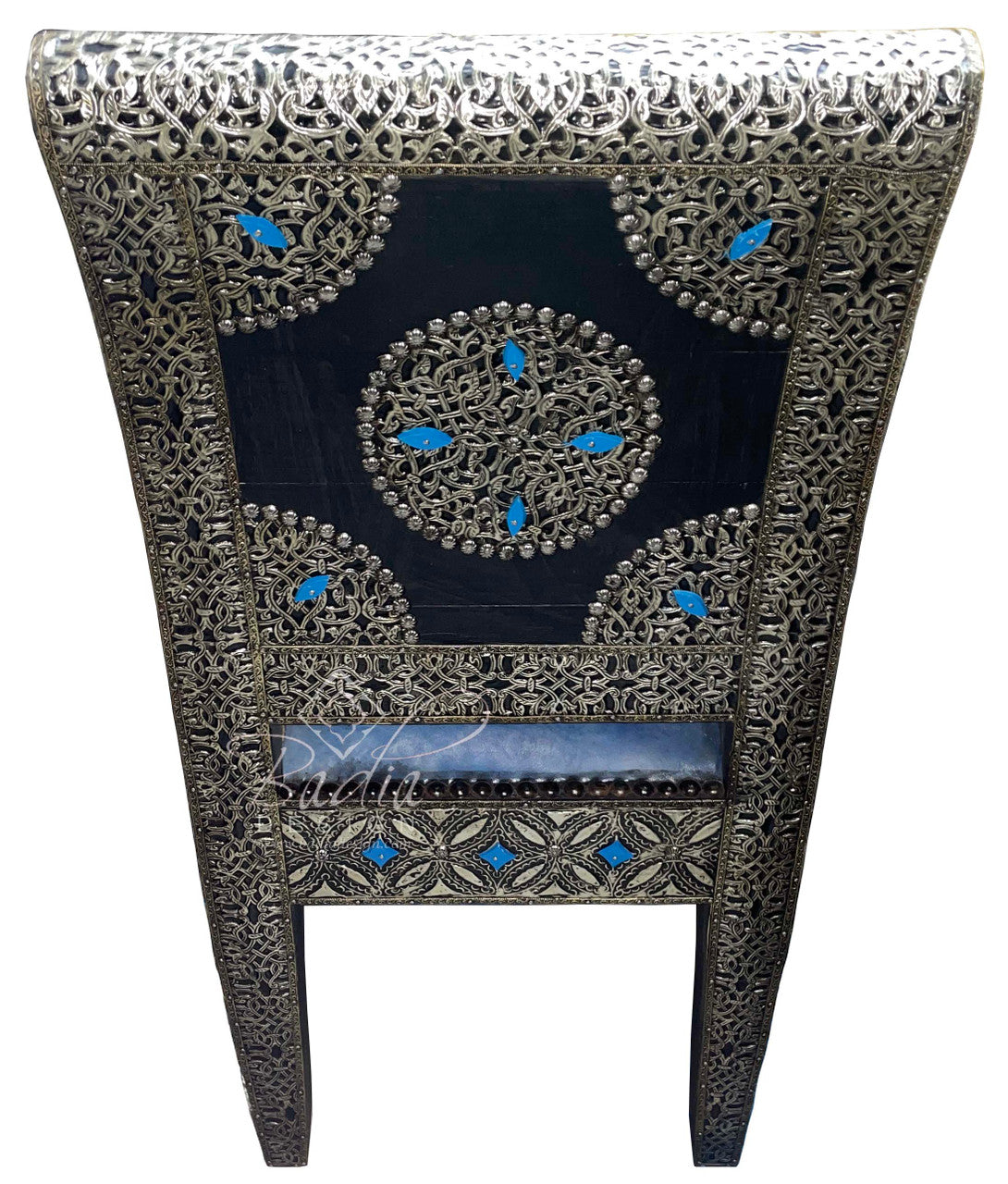 Embossed Metal and Bone Inlay Chair with Blue Leather Seat