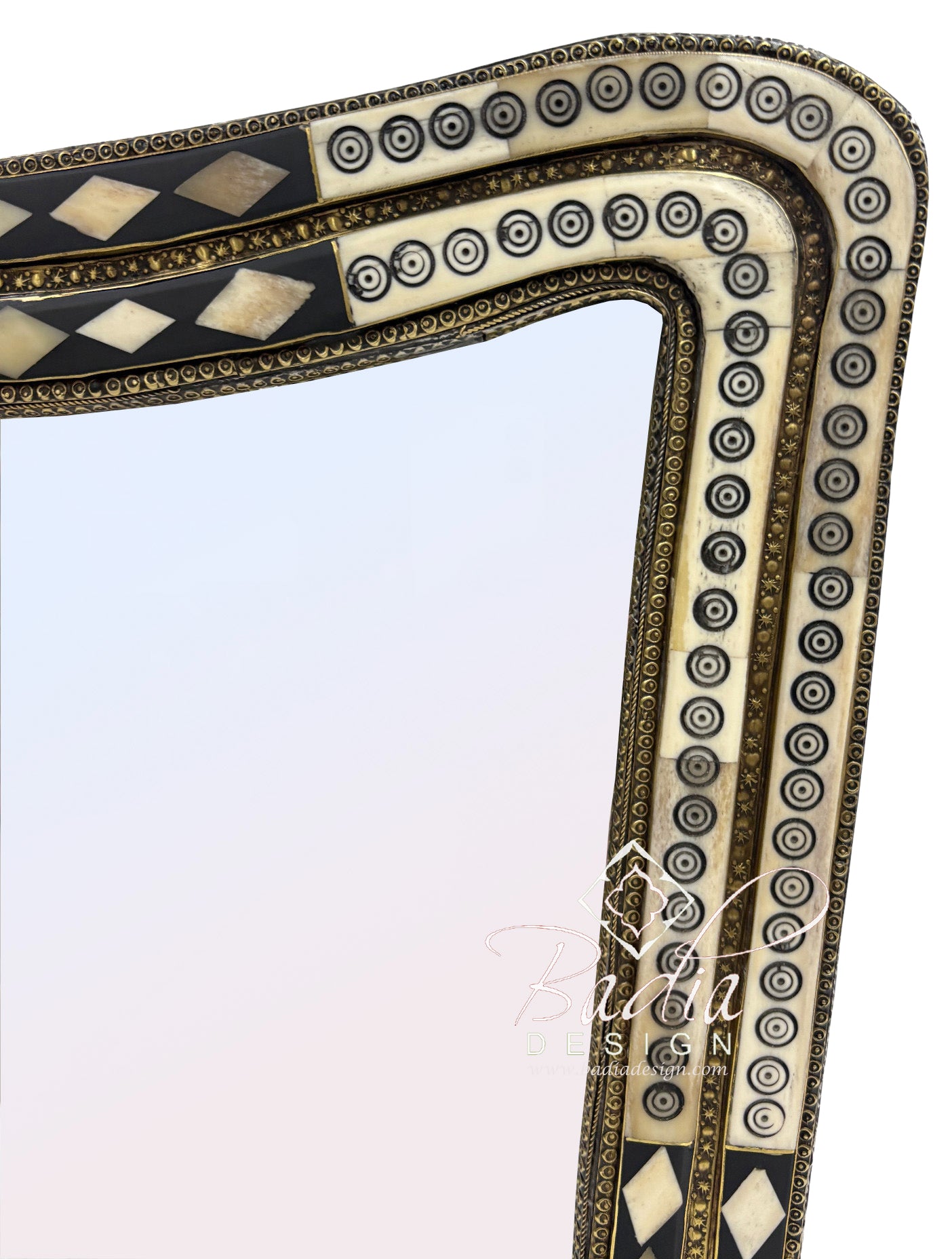 Metal and Bone Inlay Mirror with Curved Frame