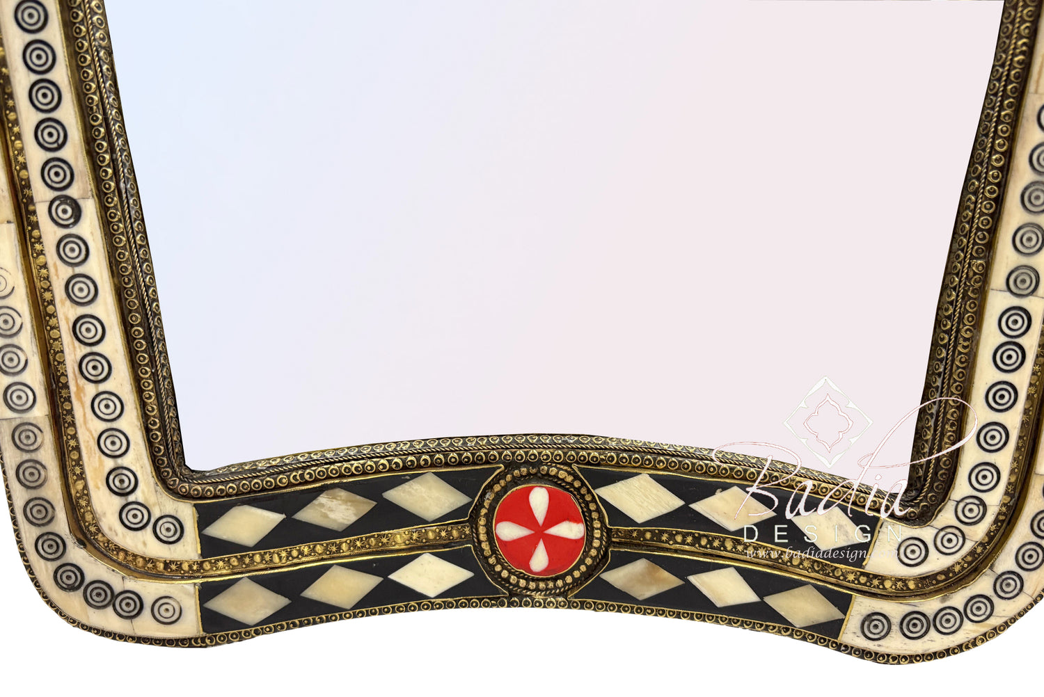 Metal and Bone Inlay Mirror with Curved Frame