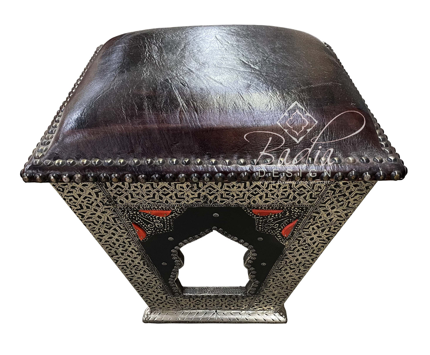 Metal and Orange Bone Leather Ottoman