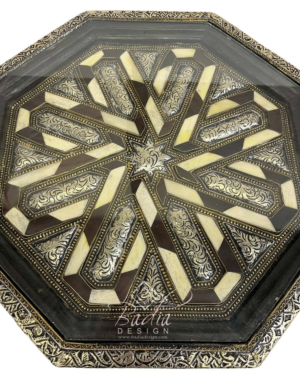 Octagon Embossed Metal and Bone Inlay Table Glass Top