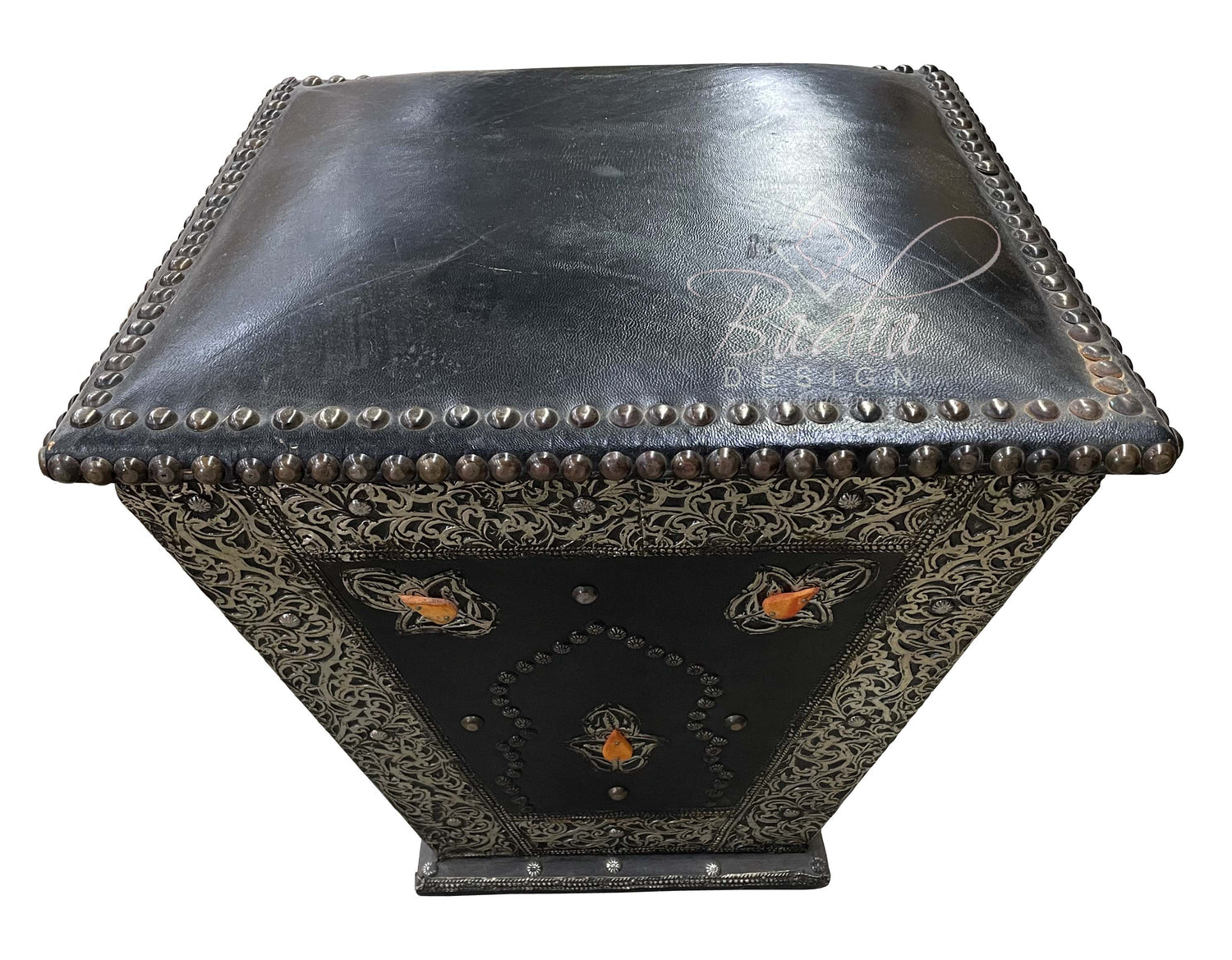 Metal and Orange Bone Leather Ottoman