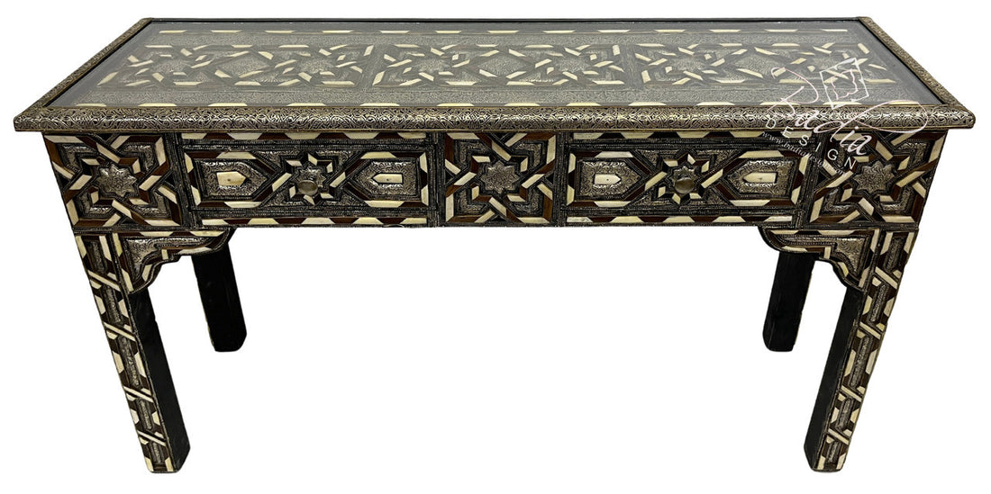 Metal and Bone Inlay Console with Two Drawers