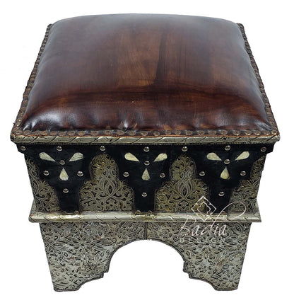Vintage Metal and Bone Hard Leather Ottoman