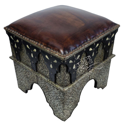 Vintage Metal and Bone Hard Leather Ottoman