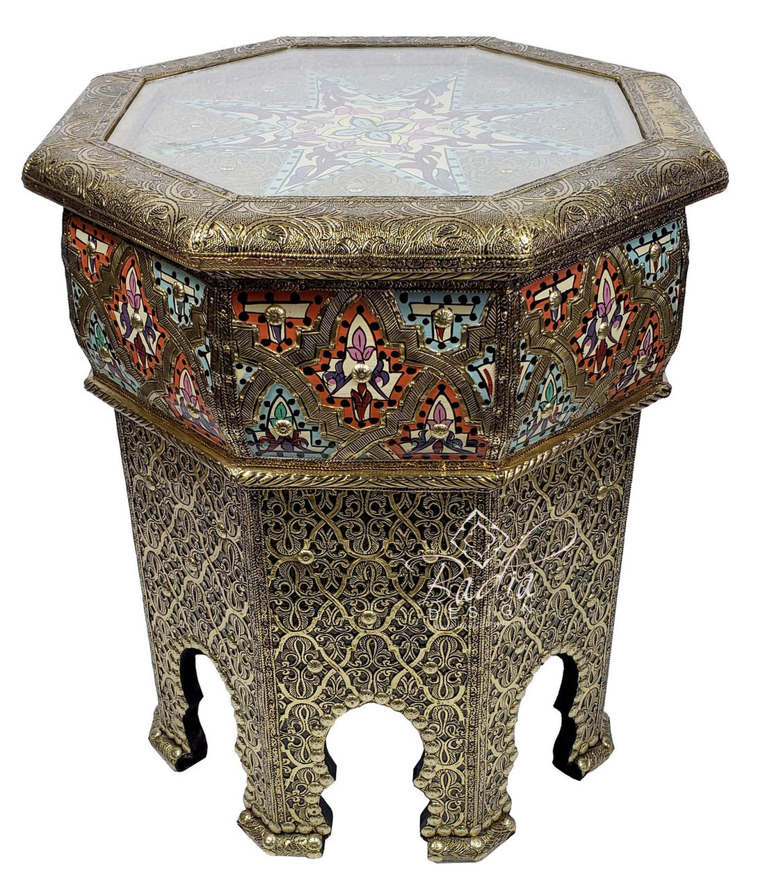 Octagonal Hand Carved Brass Table with Glass Top