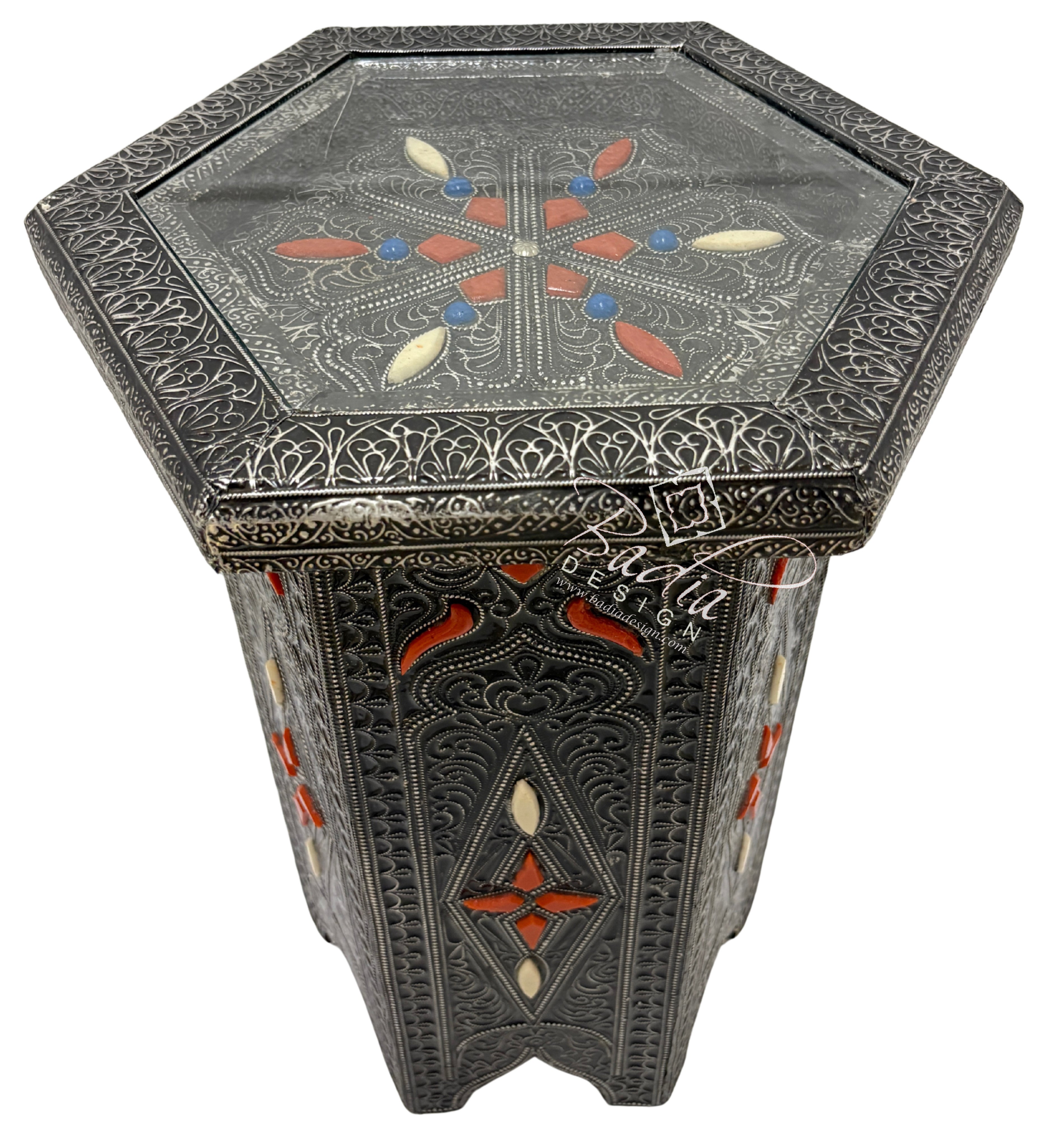 Octagon Shaped Metal and Bone Side Table with Glass Top