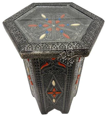 Octagon Shaped Metal and Bone Side Table with Glass Top