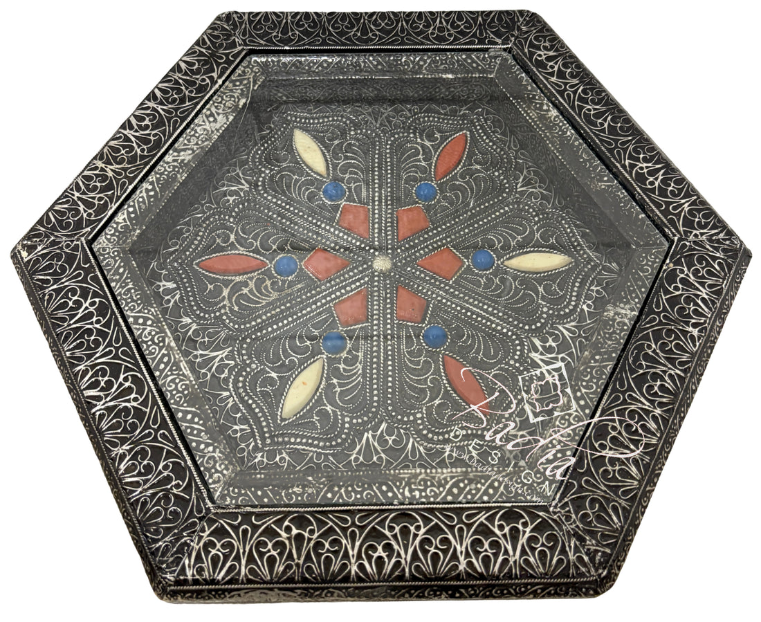 Octagon Shaped Metal and Bone Side Table with Glass Top