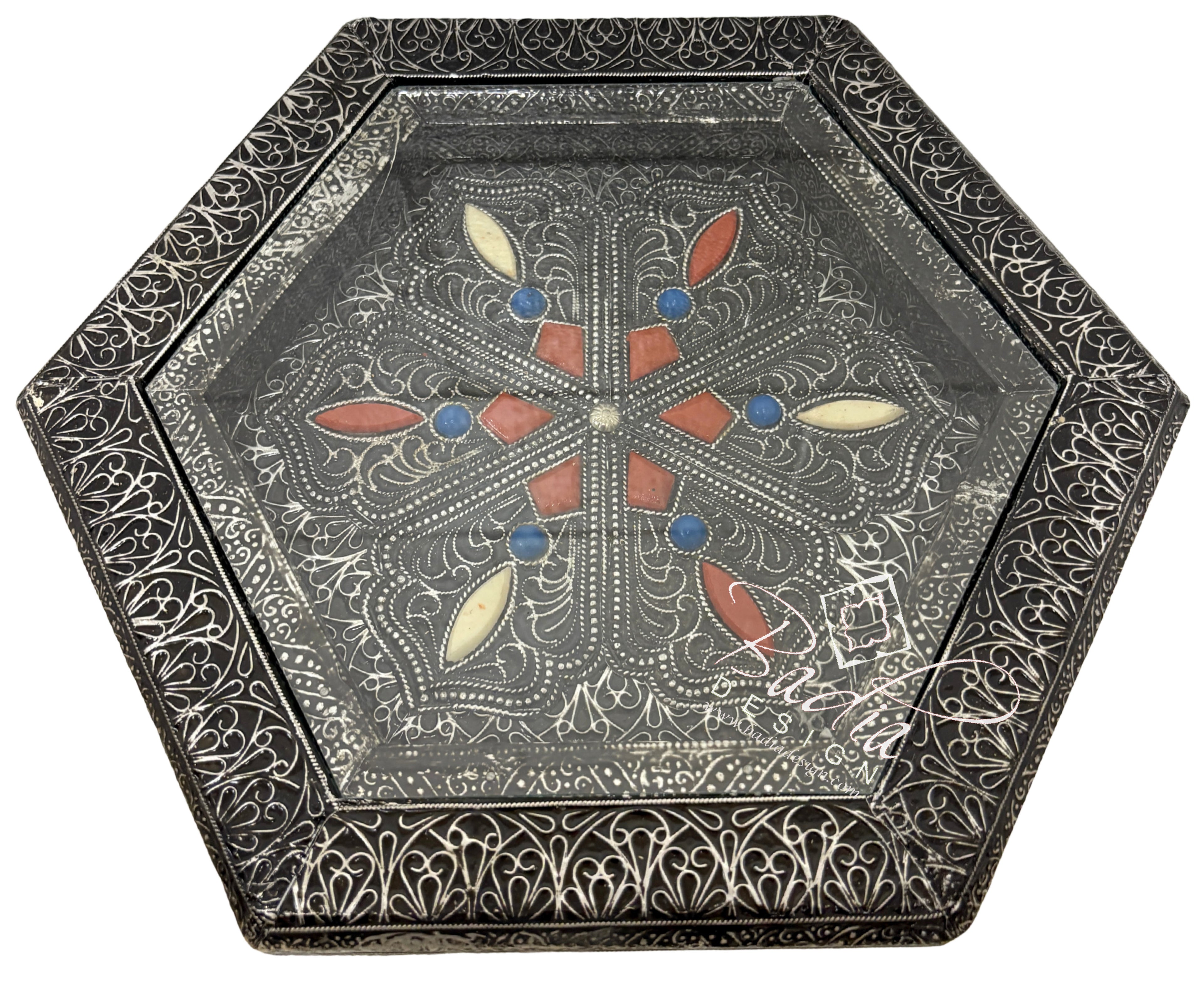 Octagon Shaped Metal and Bone Side Table with Glass Top