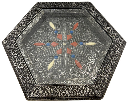 Octagon Shaped Metal and Bone Side Table with Glass Top