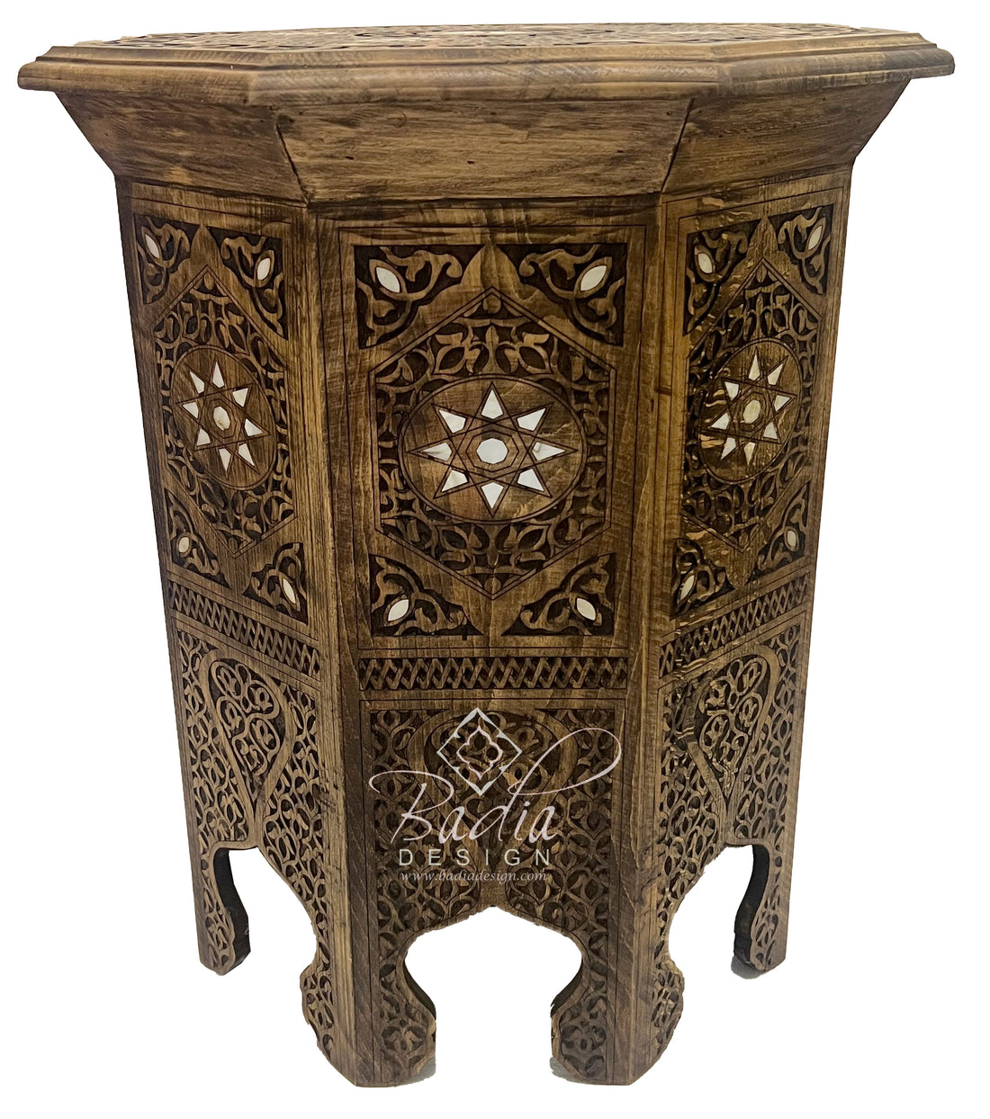 Wooden side table with intricate carvings and &