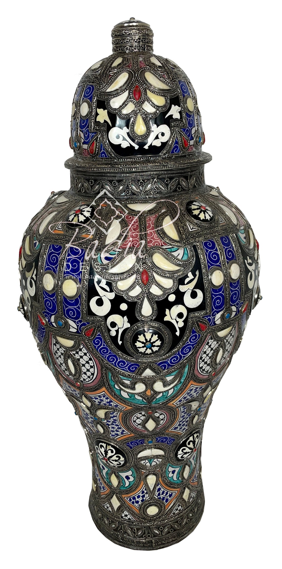 Moroccan Multi-Color Ceramic Metal and Bone Inlay Urn