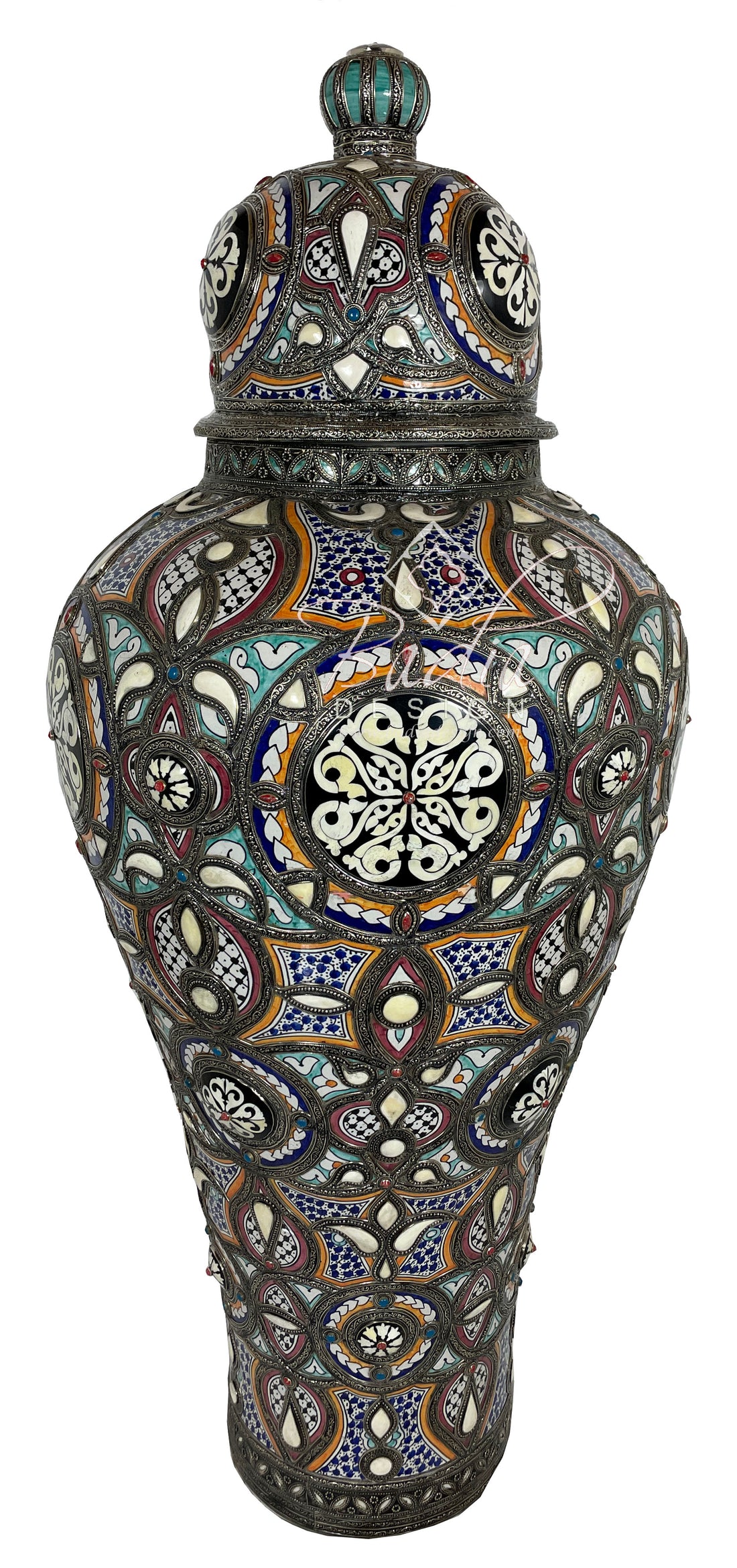 Moroccan Multi-Color Ceramic Metal and Bone Inlay Urn