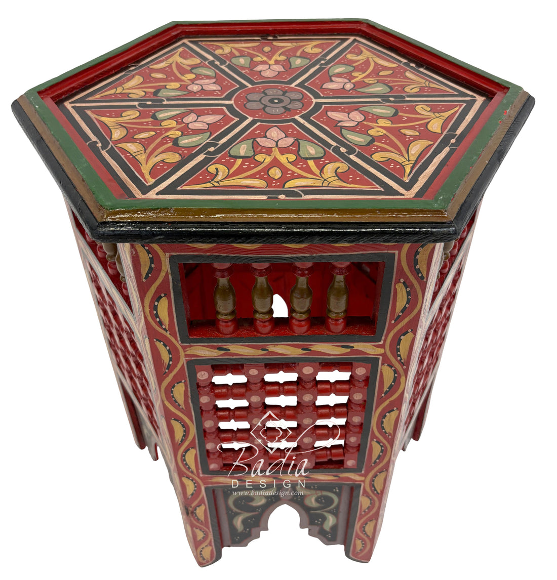 Hand Painted Moroccan Multi-Color Side Tables with Moucharabieh Wood Design