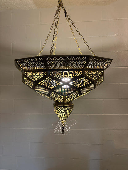 Multi-Tiered Brass Chandelier with Geometric Designs