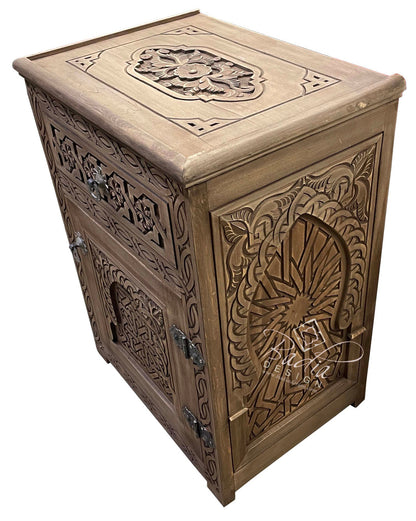 Stained Hand Carved Wooden Nightstand