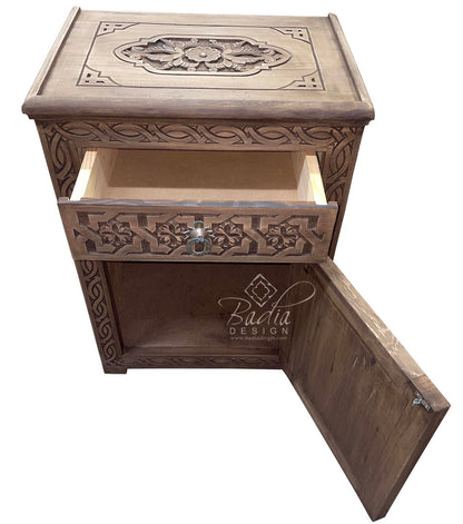 Stained Hand Carved Wooden Nightstand