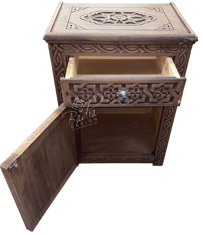 Stained Hand Carved Wooden Nightstand