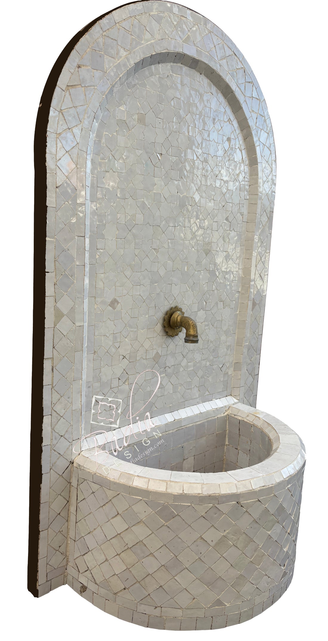 Decorative mosaic wall fountain with a faucet on a white background