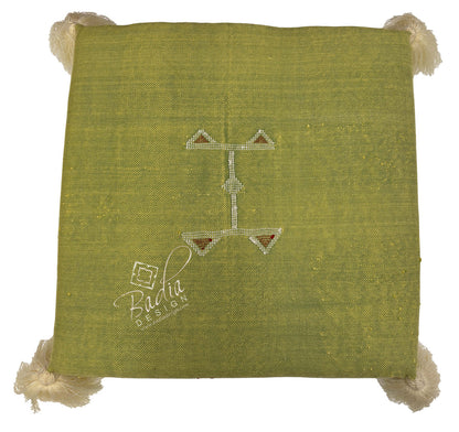 Olive Green Kilim Floor Cushion with Geometric Designs